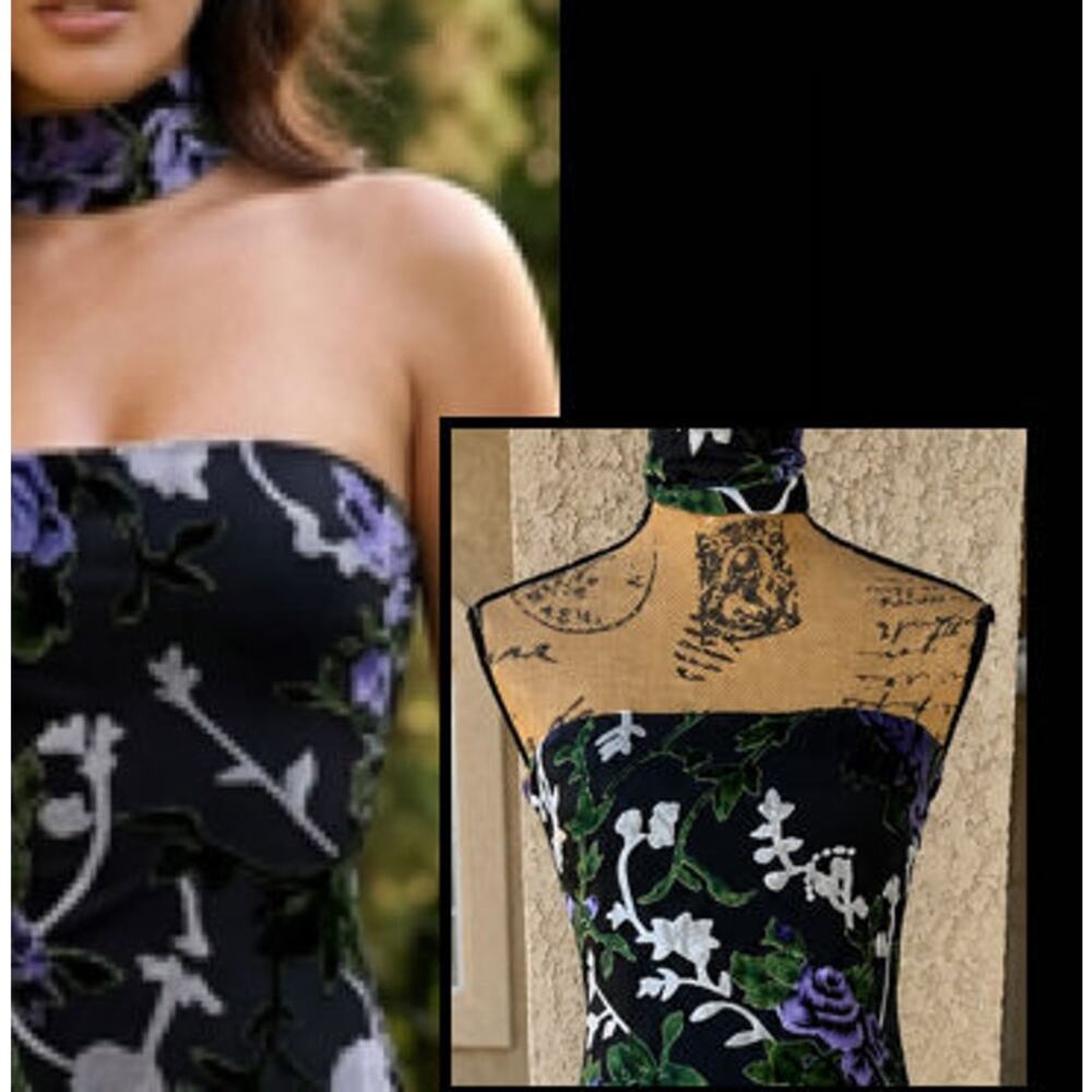Lulus Corelia Black Floral Velvet Burnout Strapless Sash Maxi Dress Size S - Picture 5 of 11